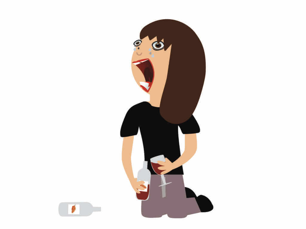 funny cartoon of a sad woman feeling sorry for herself and drinking wine